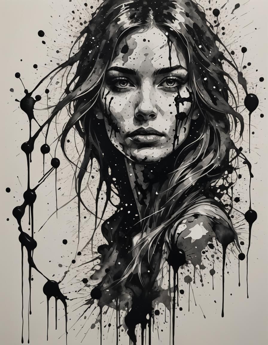 Abstract Ink Splatter Portrait of Young Woman