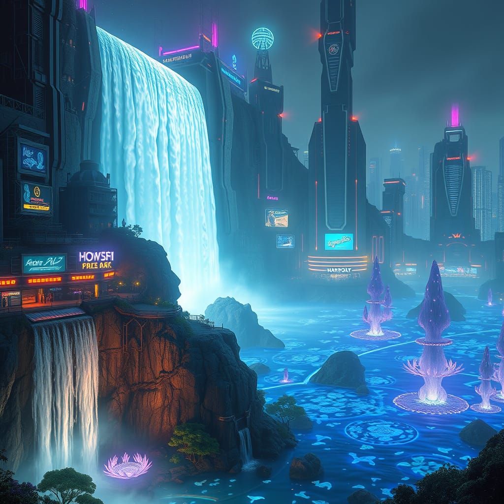 Futuristic Waterfall Cityscape in Cyberpunk Style