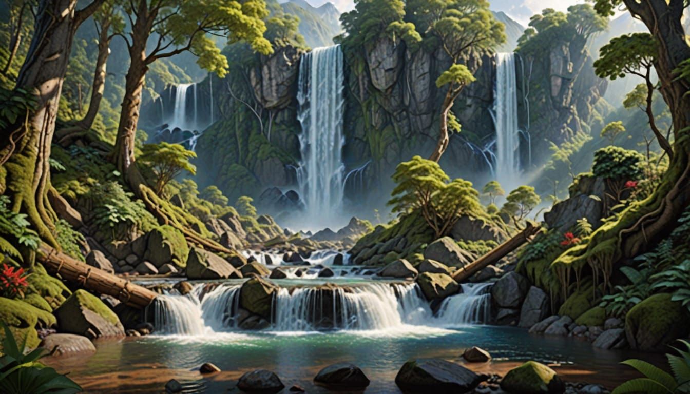 Whimsical Fantasy Waterfalls in an Enchanted Forest