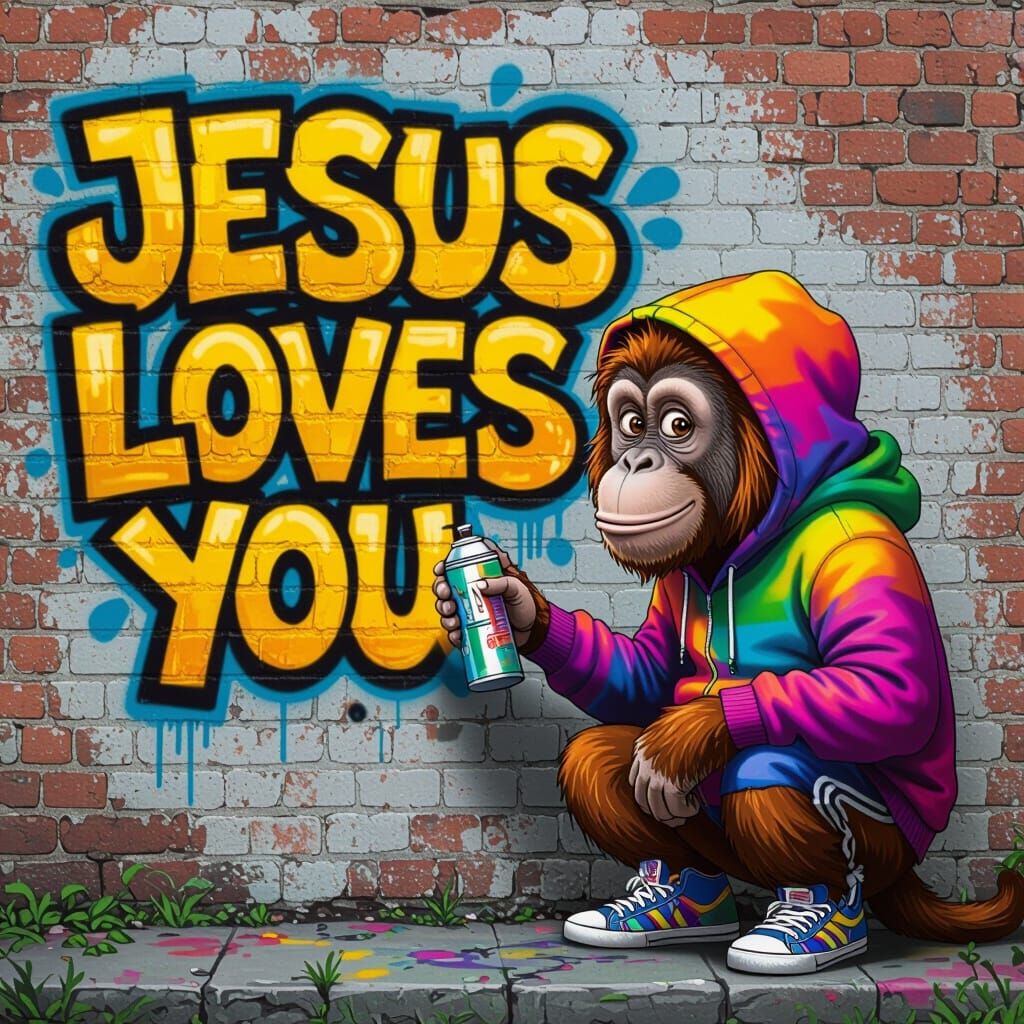 Orangutan Graffiti Art: "Jesus Loves You" in Vibrant Style
