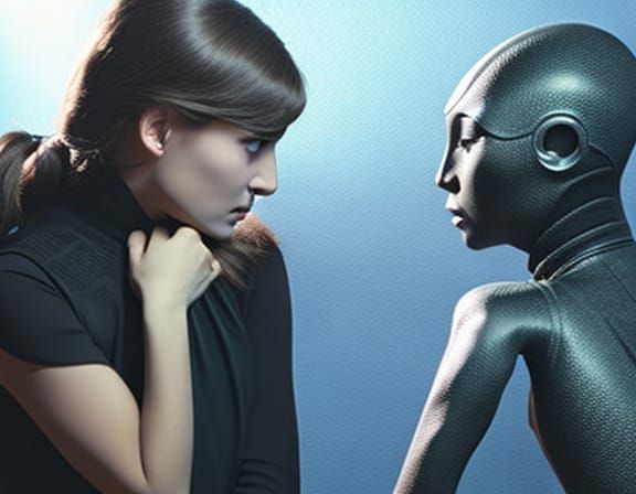 Sad Woman Conversing with Humanoid Alien