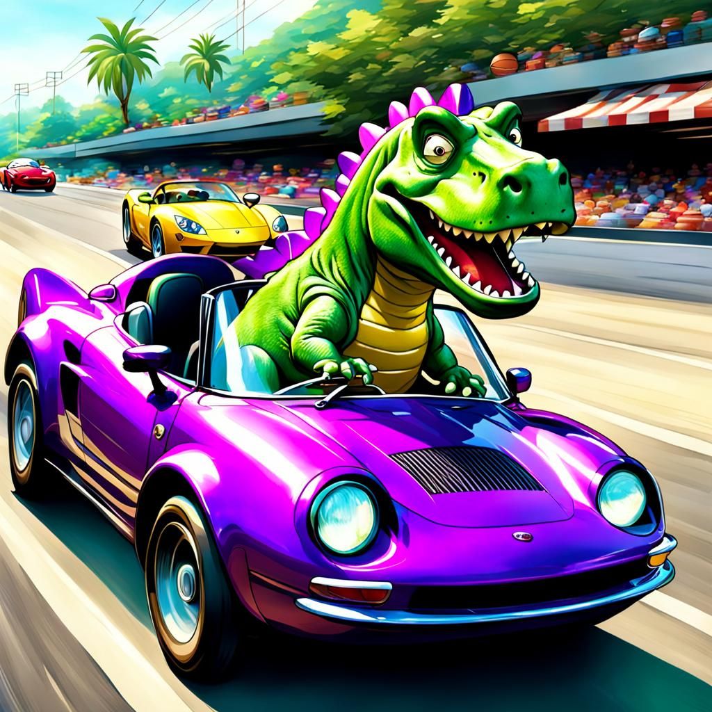 Barney the Dinosaur Drives a Sports Car