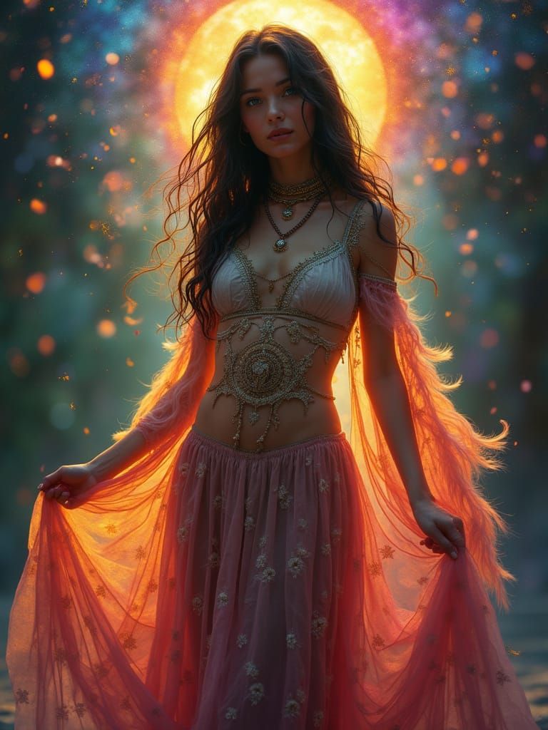 Enchanting Bohemian Woman in Heavenly Rainbow Aura