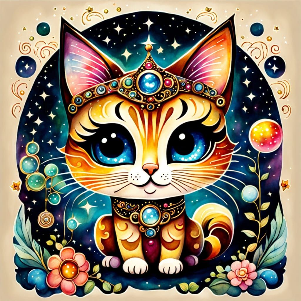 Enchanting Whimsical Chibi Feline in Vintage Storybook Style