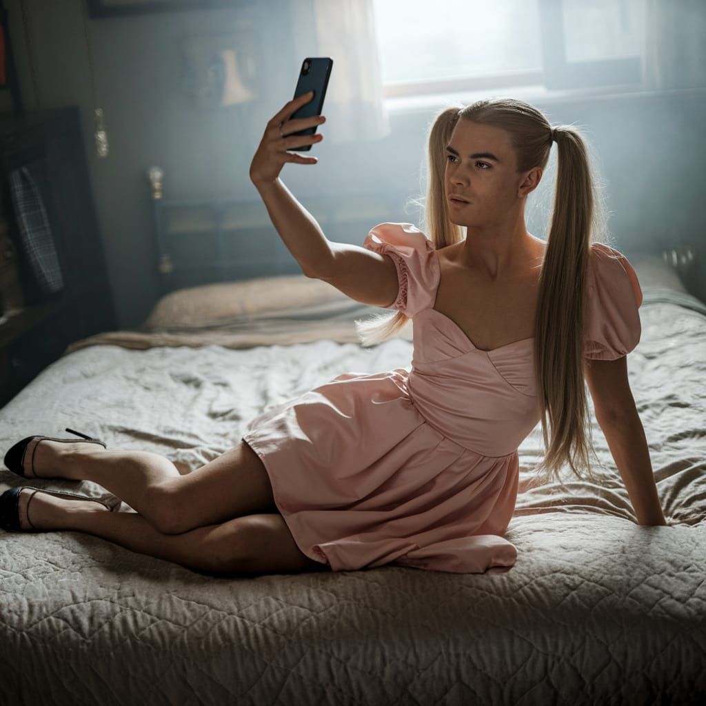 Masculine Man in Blonde Pigtails Takes Selfie on Bed
