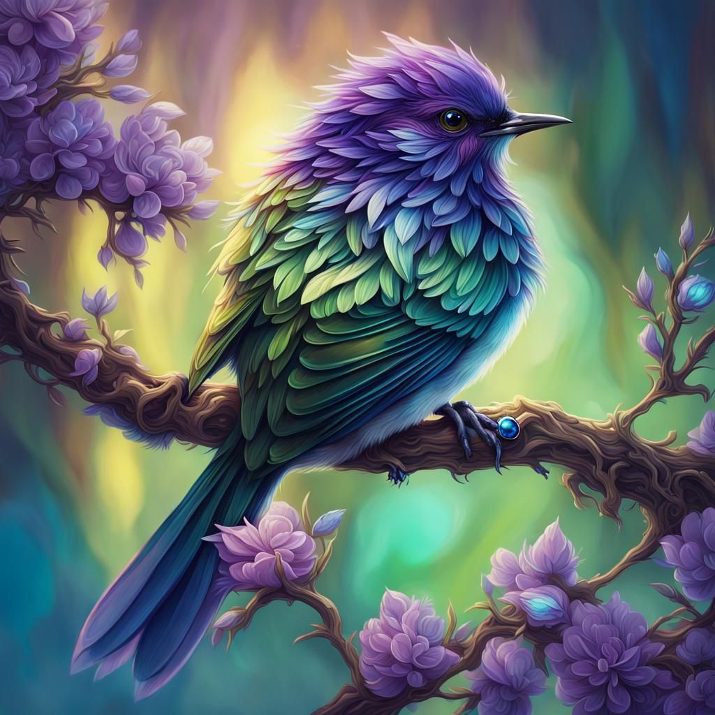 Crystal Bird Shimmers in Fantasy Oil Painting