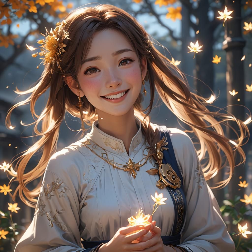 Anime Woman with Warm Smile and Shining Aura
