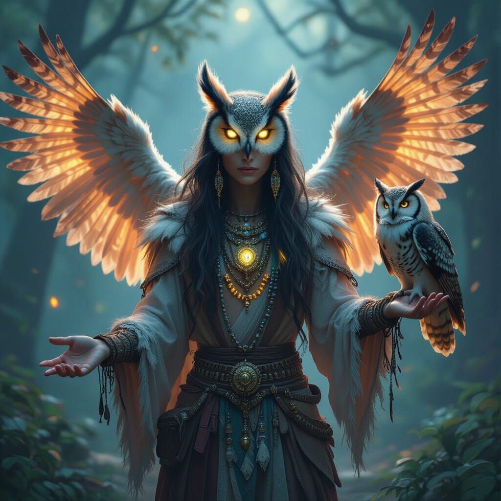 Mystical Shaman Merges With Spirit Owl