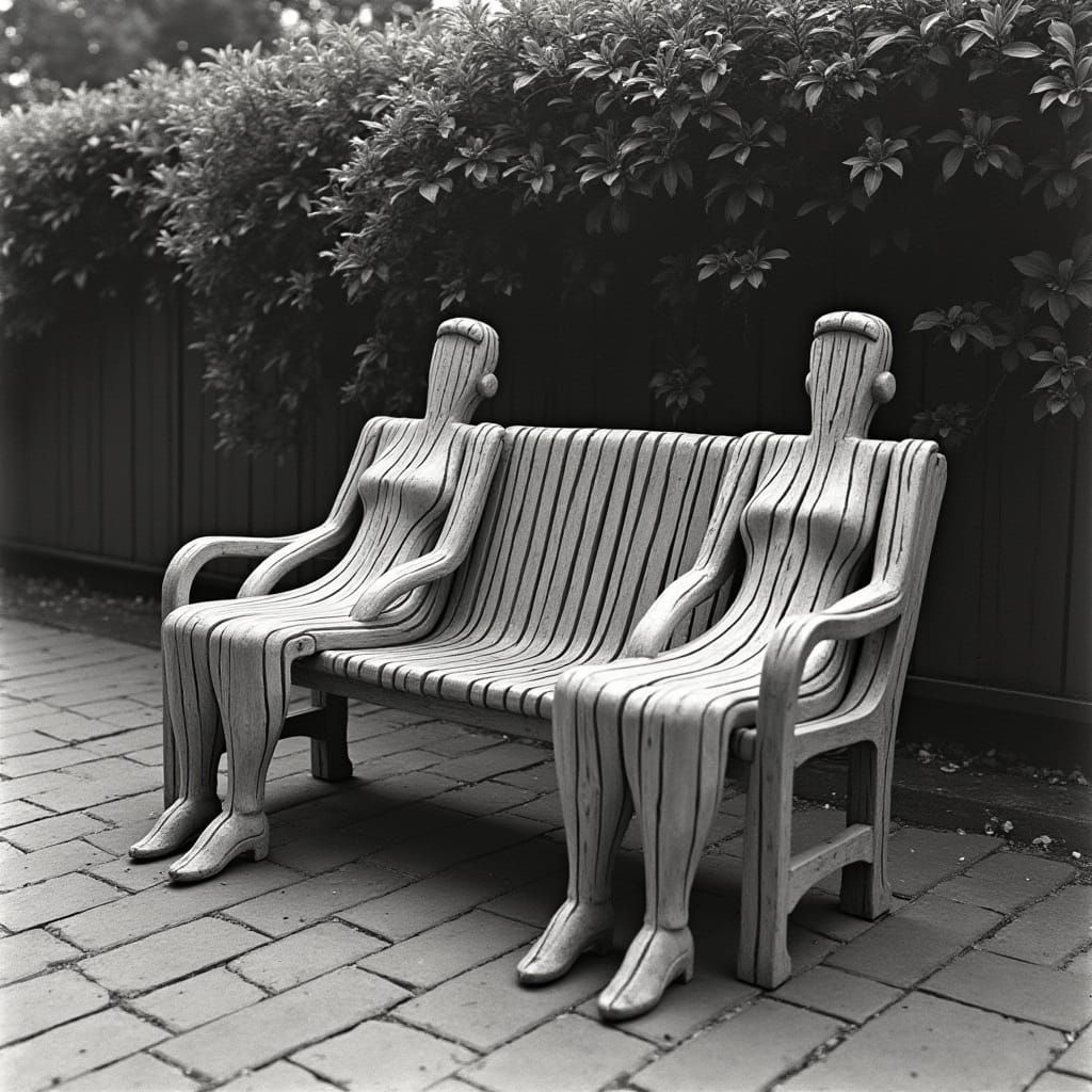 Surreal Wooden Bench Sculpture in Silver Nitrate Style