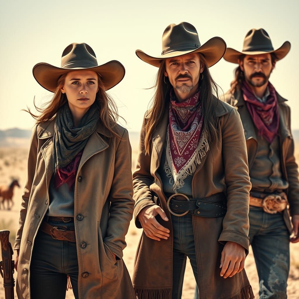 Weathered Western Heroes in a Sun-Scorched Desert Landscape