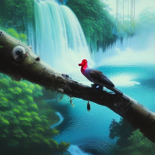 Love Bird Waterfall: Hyperdetailed Digital Art