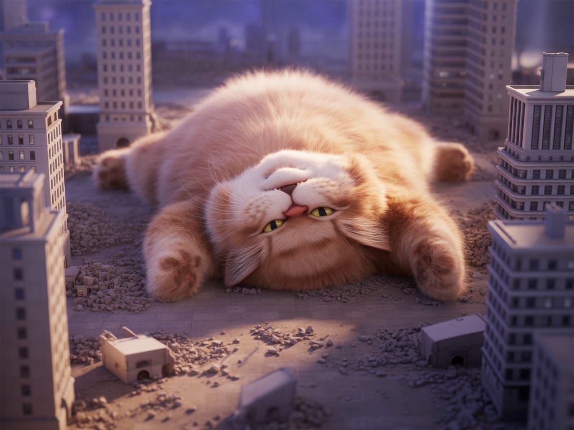 Giant Cat in Tiny City: Whimsical Concept Art