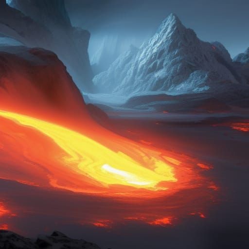Firey Magma flowing through ice and mountains of snow, a mas...