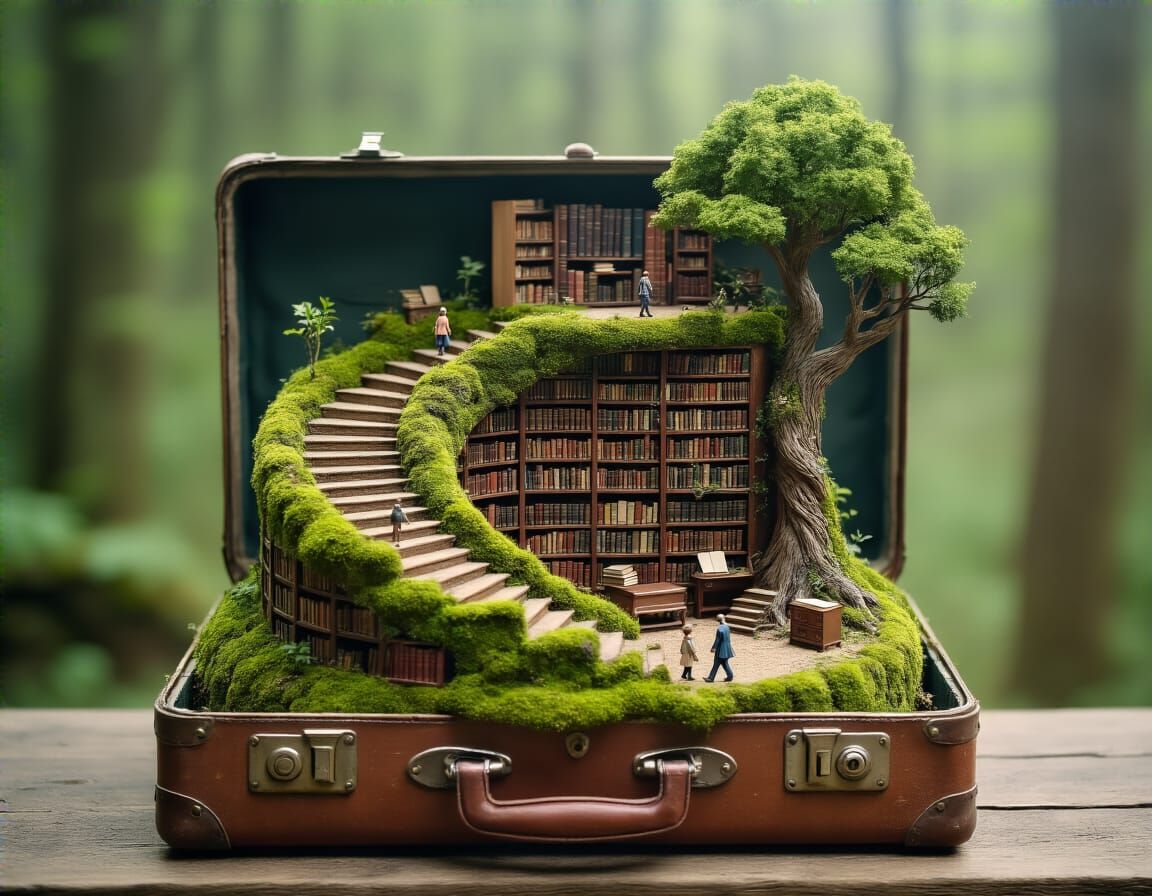 Surreal Miniature Library in Vintage Suitcase