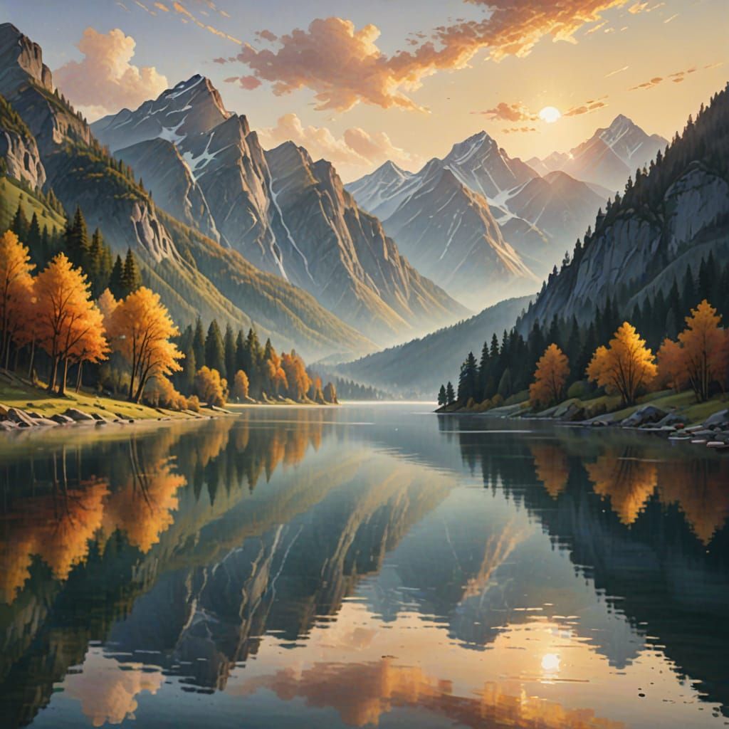 Serene Mountain Lake at Sunrise in Landscape Painting