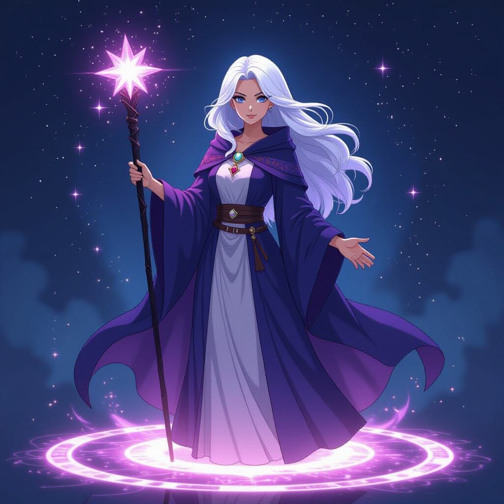 Stellar Wizard with Glowing Wand, Anime Style