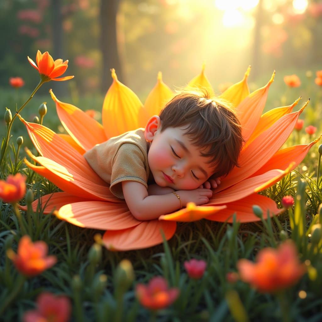 Fantastical Boy Slumbers in Vibrant Floral Wonderland