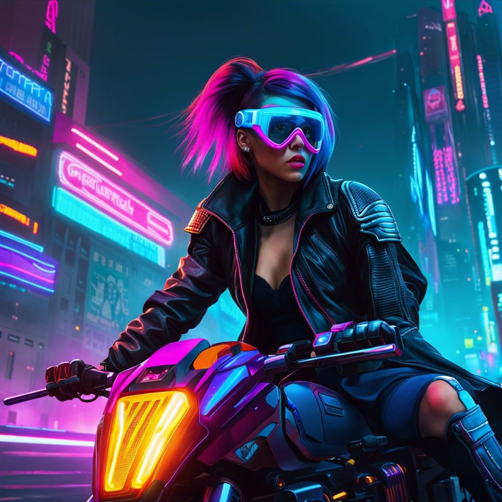 A ciberpunk girl riding a motorcycle