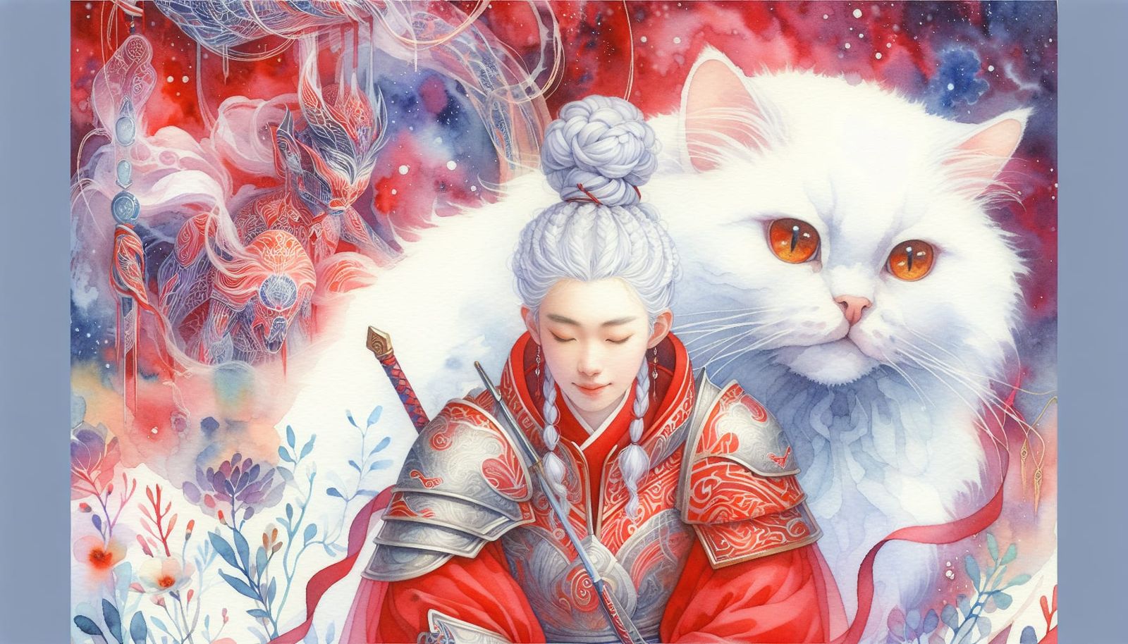 Dreamy Watercolor of Warrior Woman and Cat