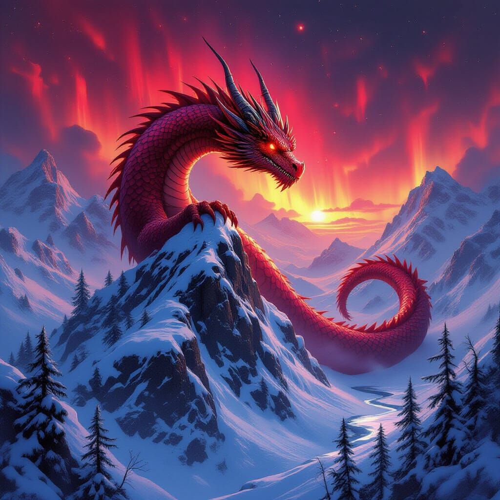 Majestic Red Dragon Perched on Snowy Peak