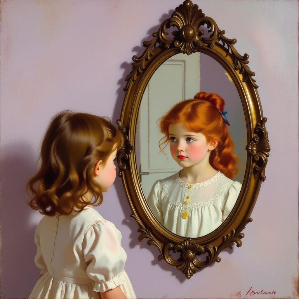 Nostalgic Portrait: Girl Meets Older Woman in Mirror