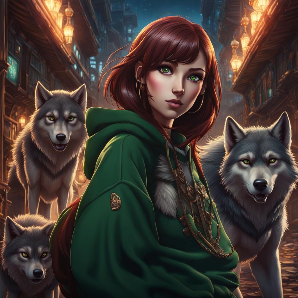 Anime Girl with Wolves in Detailed Matte Painting