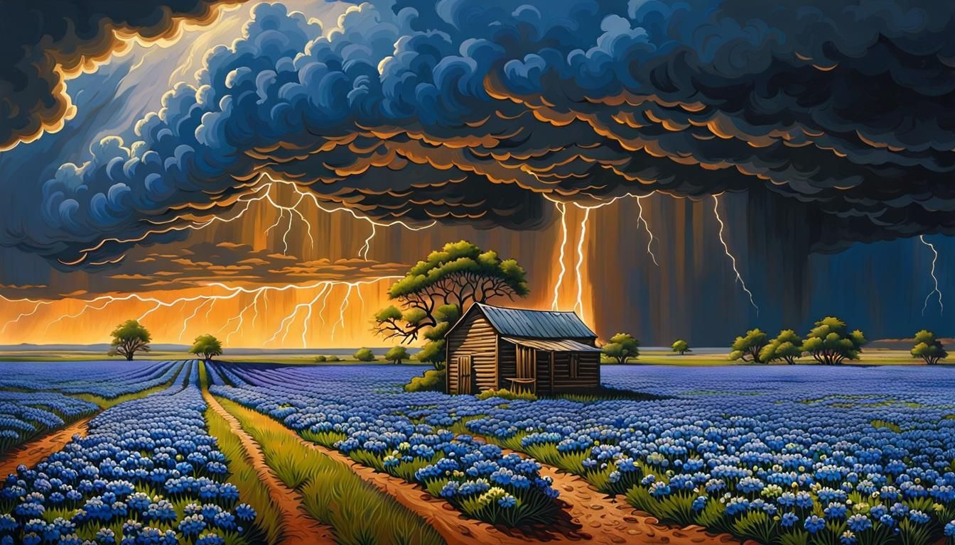 Bluebonnet Field Under Apocalyptic Sky