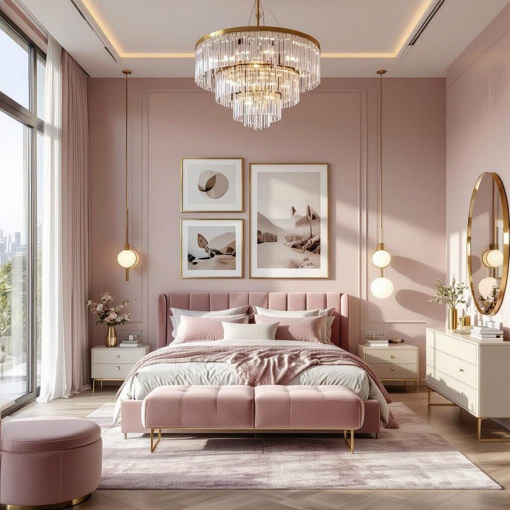 Elegant Pink Bedroom with Gold Accents in Hyper-Realistic St...