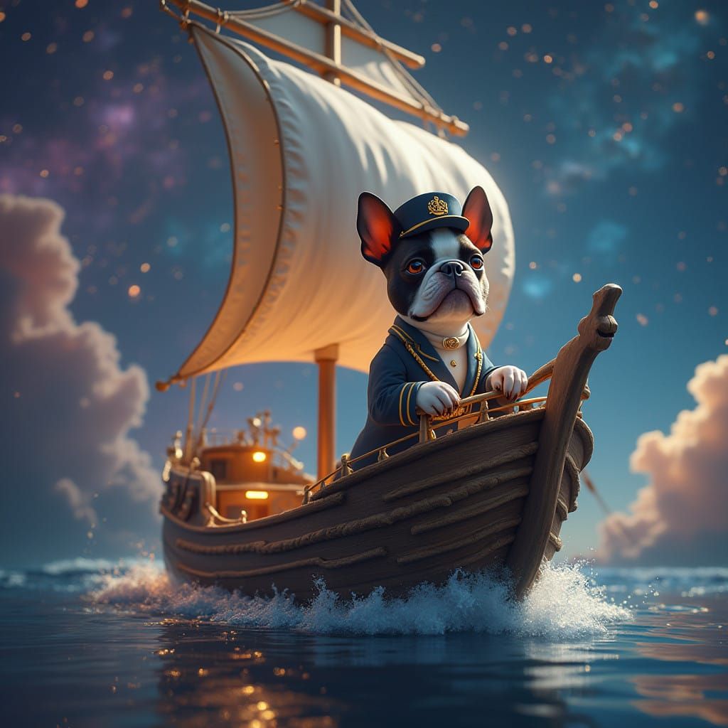 Fantasy Boston Terrier Captain in Celestial Vessel