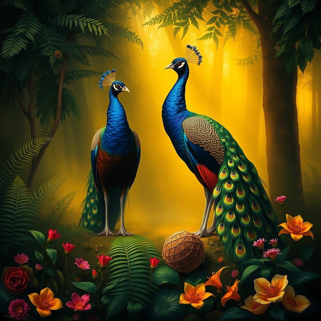 Surrealist Peacocks in a Dreamy Forest