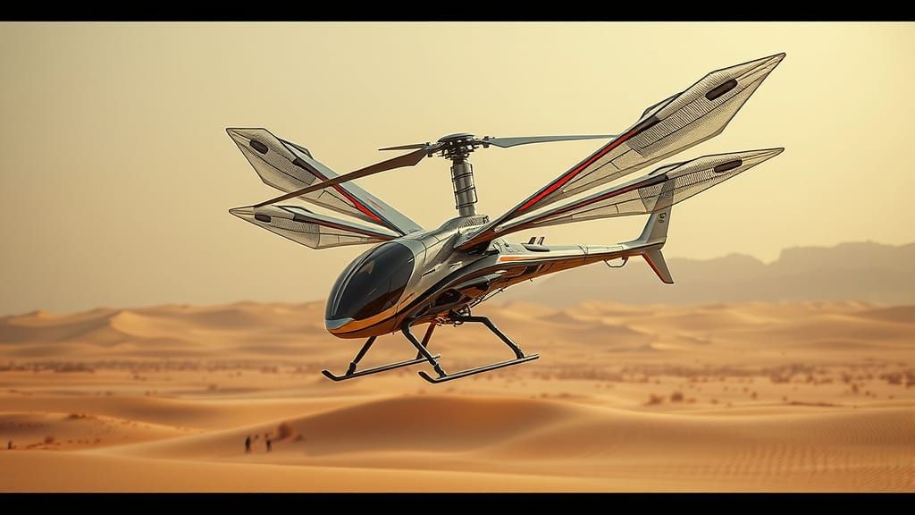 Cyberpunk Dragonfly Chopper Soars Over Desert Dunes