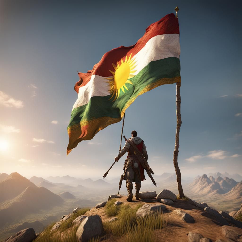 King on Mountain with Kurdistan Flag in 3D