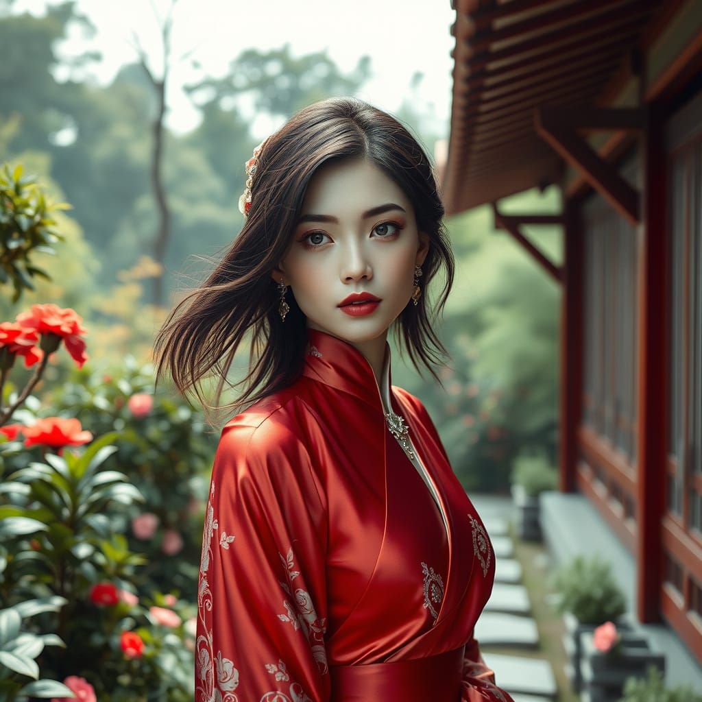 Futuristic Asian Woman in a Japanese Garden
