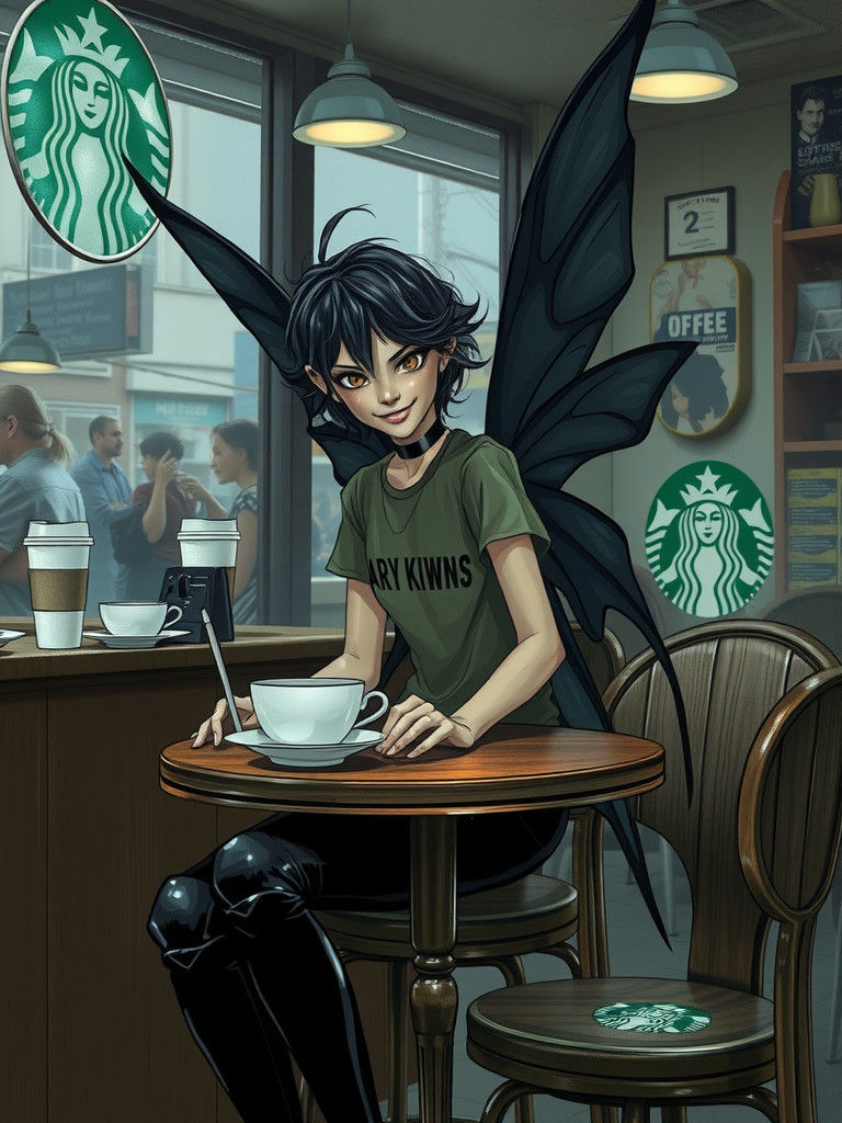 Dark Fairy in Starbucks, Dark Fantasy Illustration