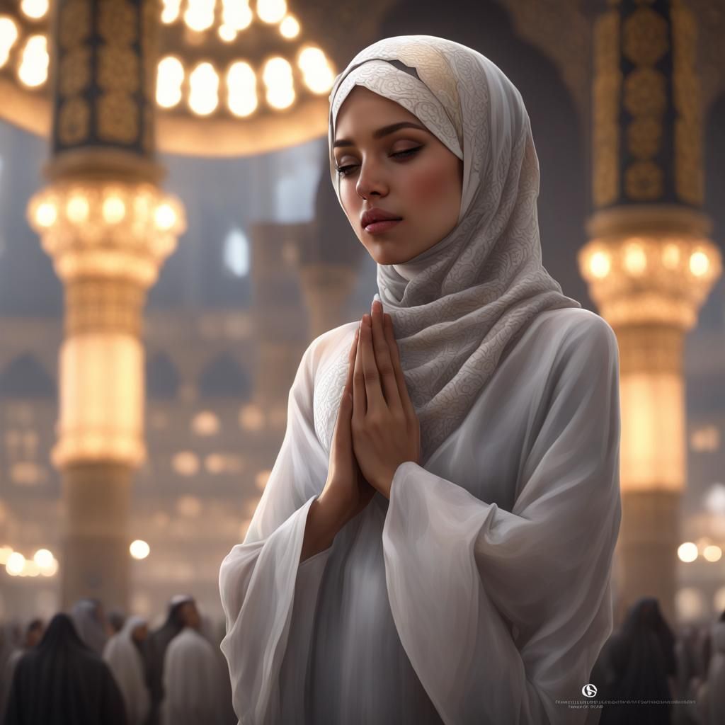 Girl Praying at Kaaba: Hyperdetailed Portrait