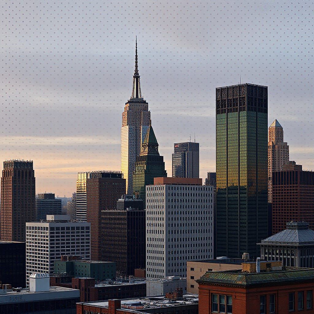 Polka Dot New York Skyline: Digital Pointillism in Red and G...