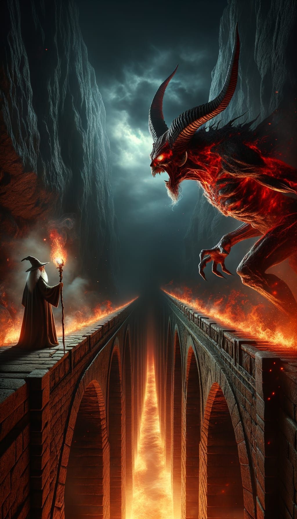 Wizard Confronts Demon on Bridge of Fire