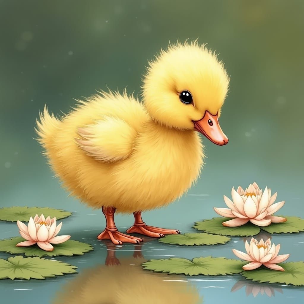 Adorable Duckling in Pond Inspired by Beatrix Potter