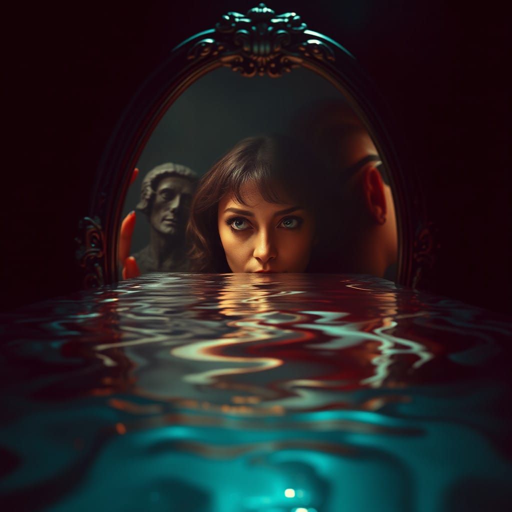 Surrealist Woman Contemplates Eerie Mirror Reflections in a....