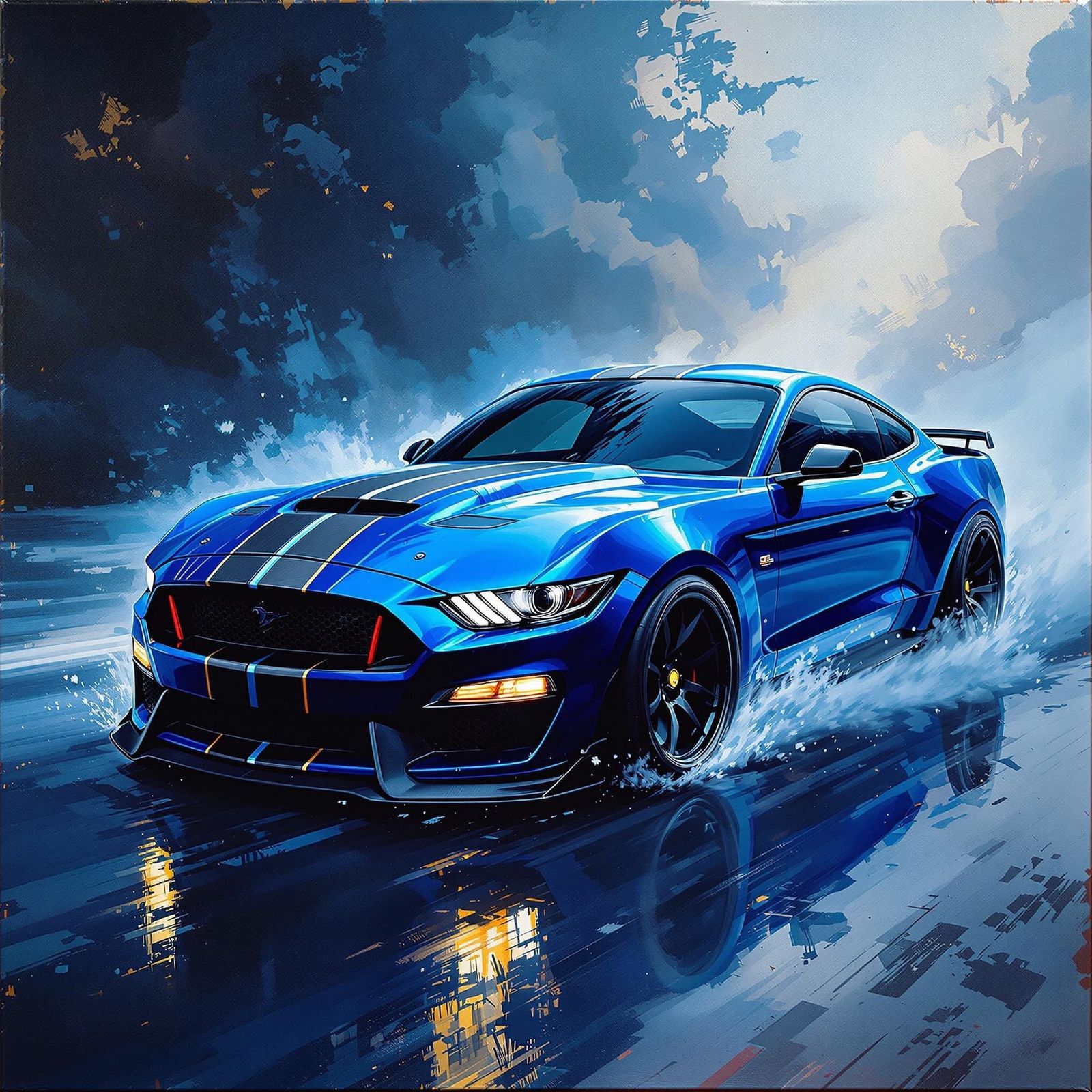 Sleek Blue Shelby Mustang in Epic Oil Painting Style