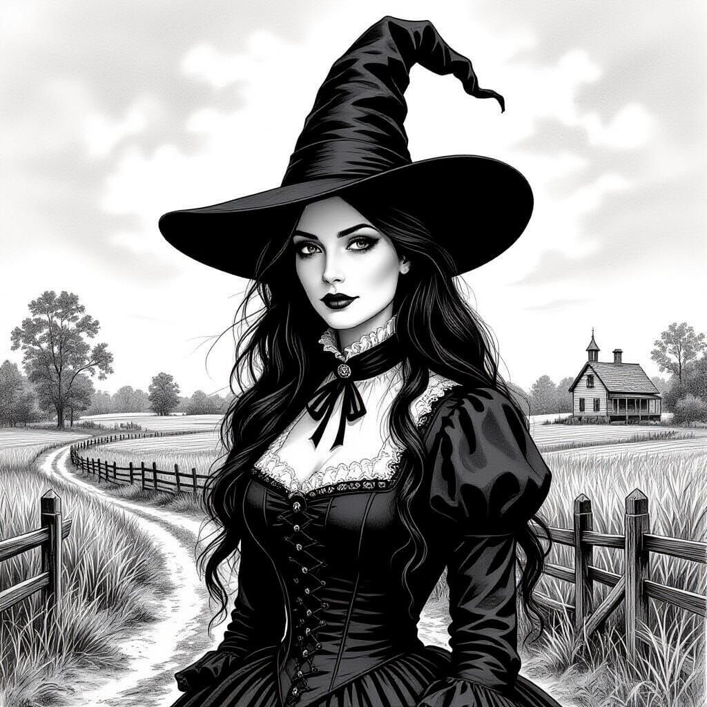 Victorian Witch Sketch in Moody Alabama Landscape