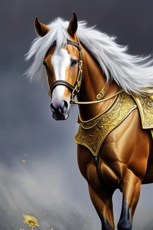 Golden Armored Horse in a Sea of Flowers