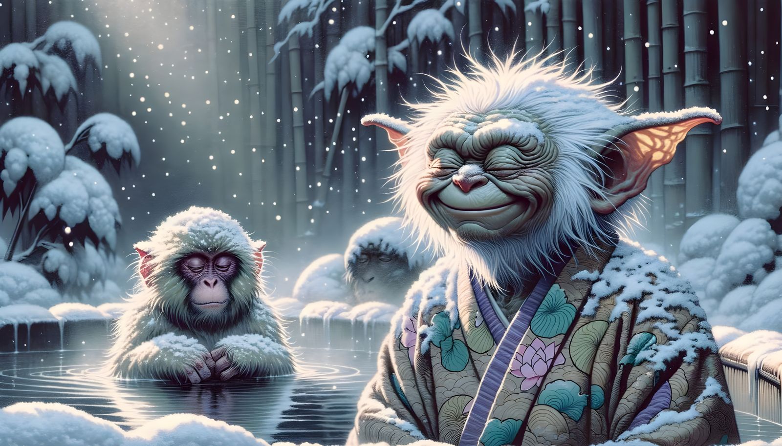 Serene Gremlin in Japanese-Inspired Snowy Scene