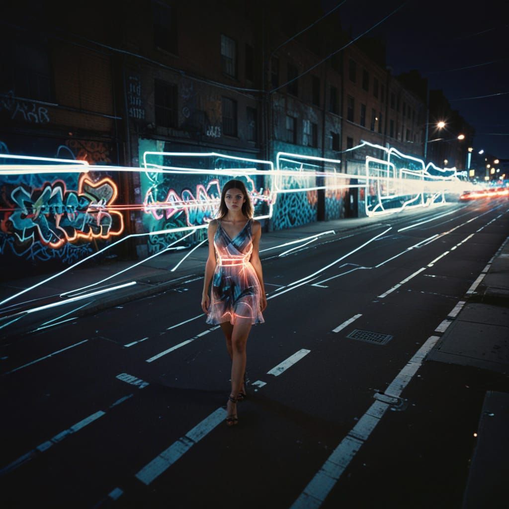 Graffiti Urban Goddess in Radiant Cityscape