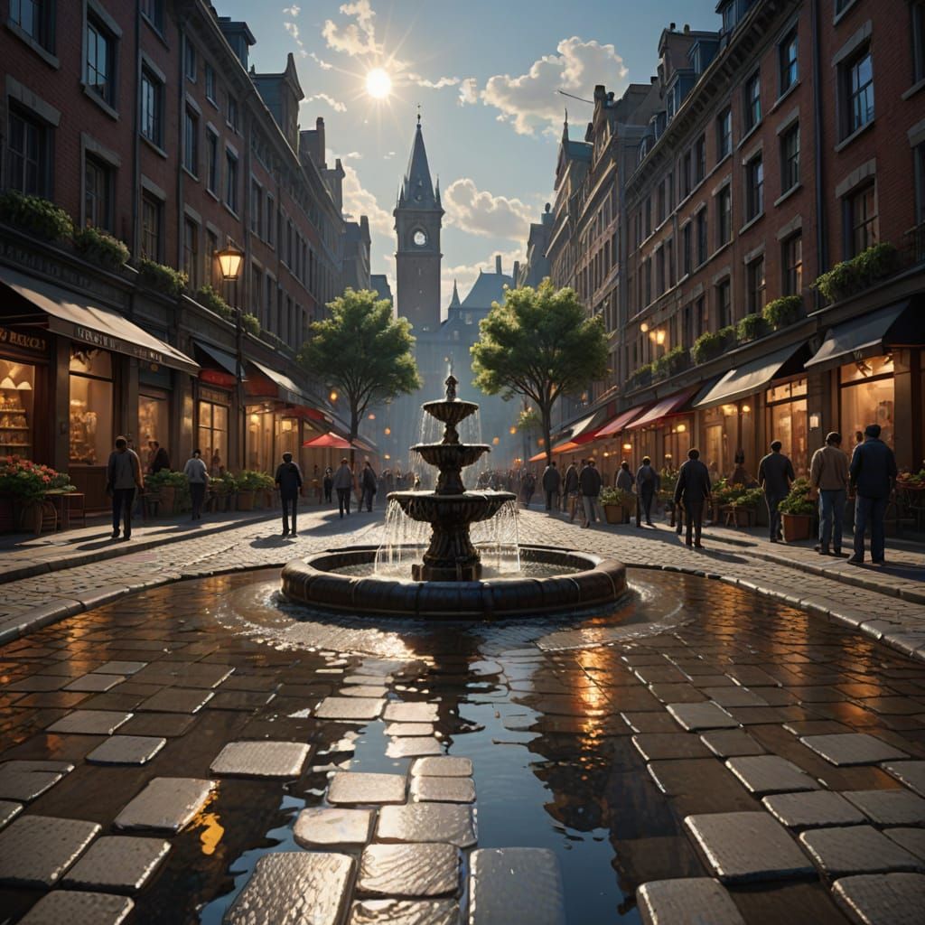 Hyperrealistic City Square: People Working, Resting, and Pla...