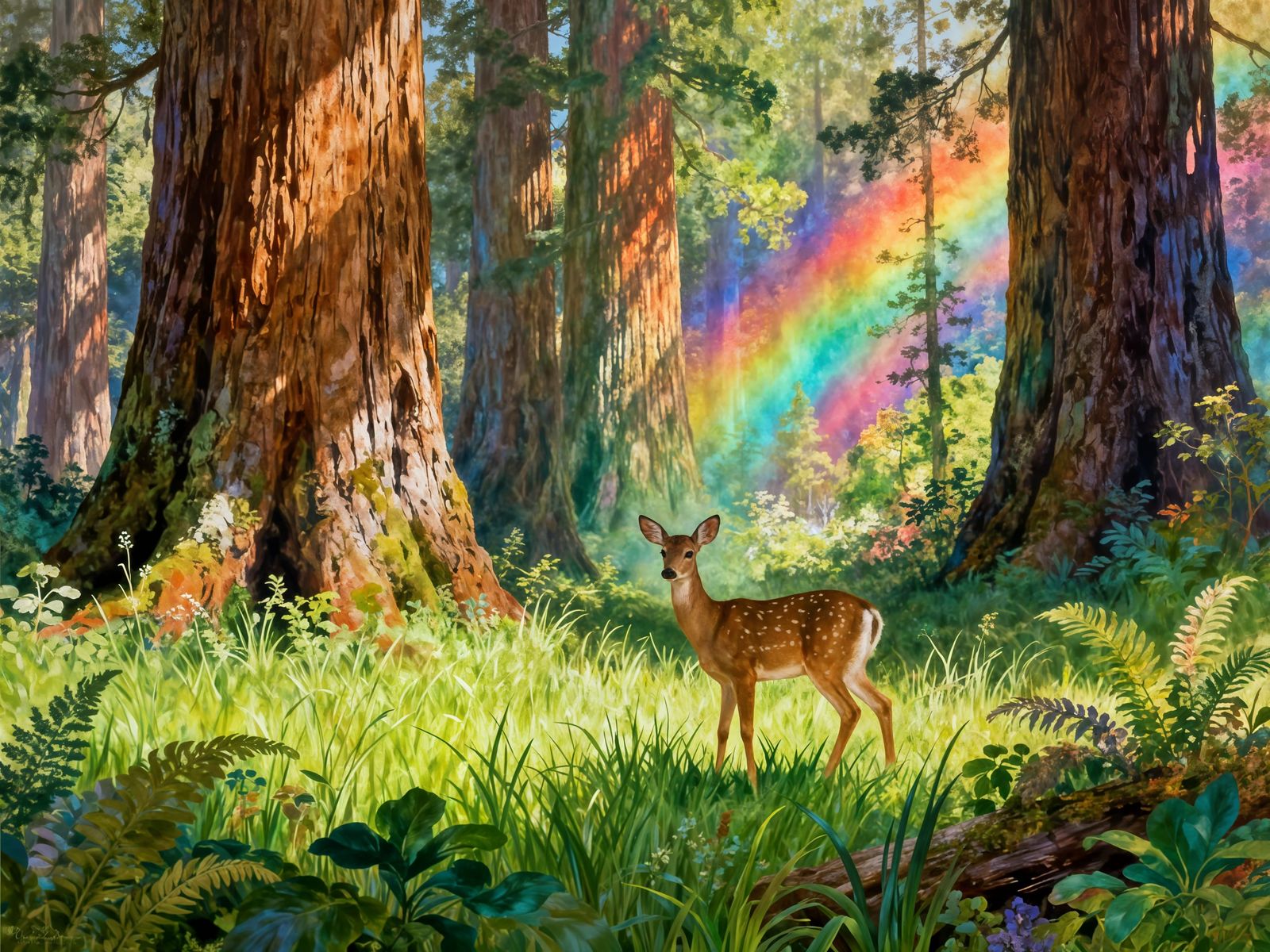 Deer in Lush Rainforest with Rainbow Burst