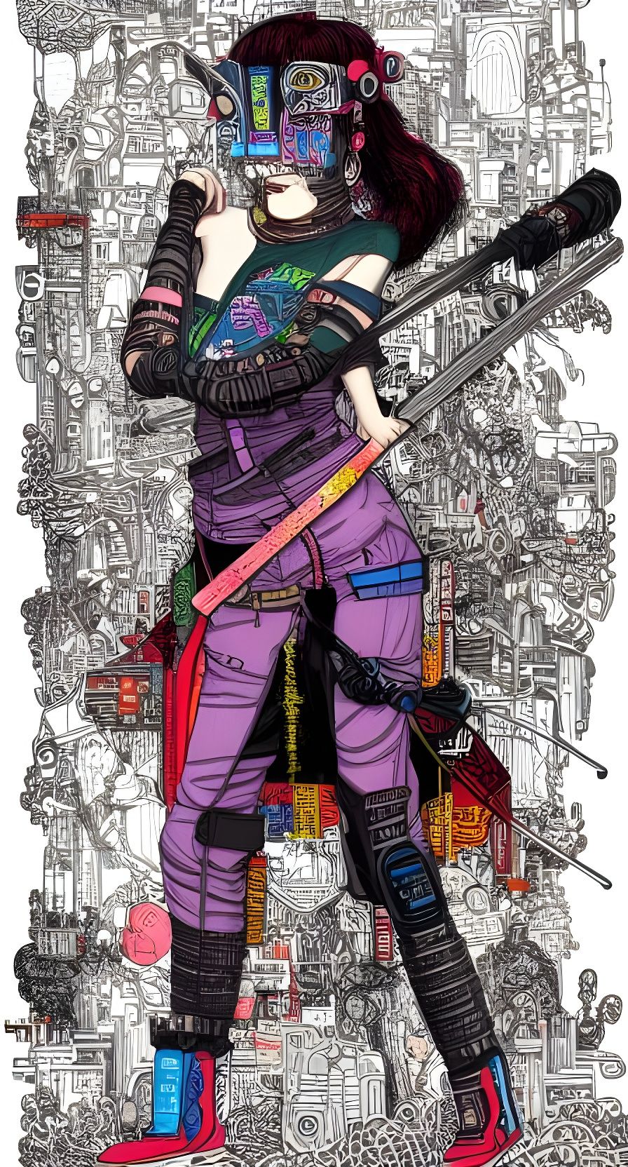 Cyberpunk Woman with Katana in Neon Cityscape