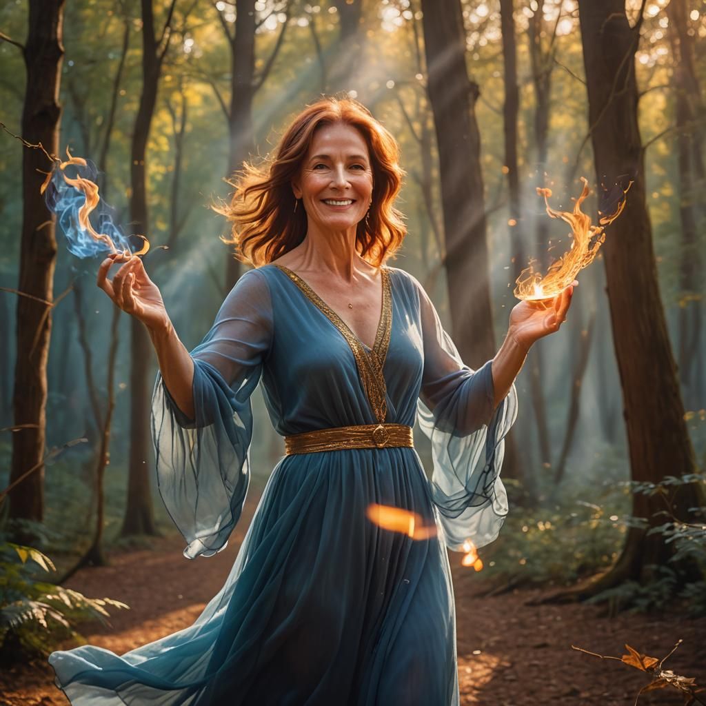 Woman with Flame in Mystical Forest