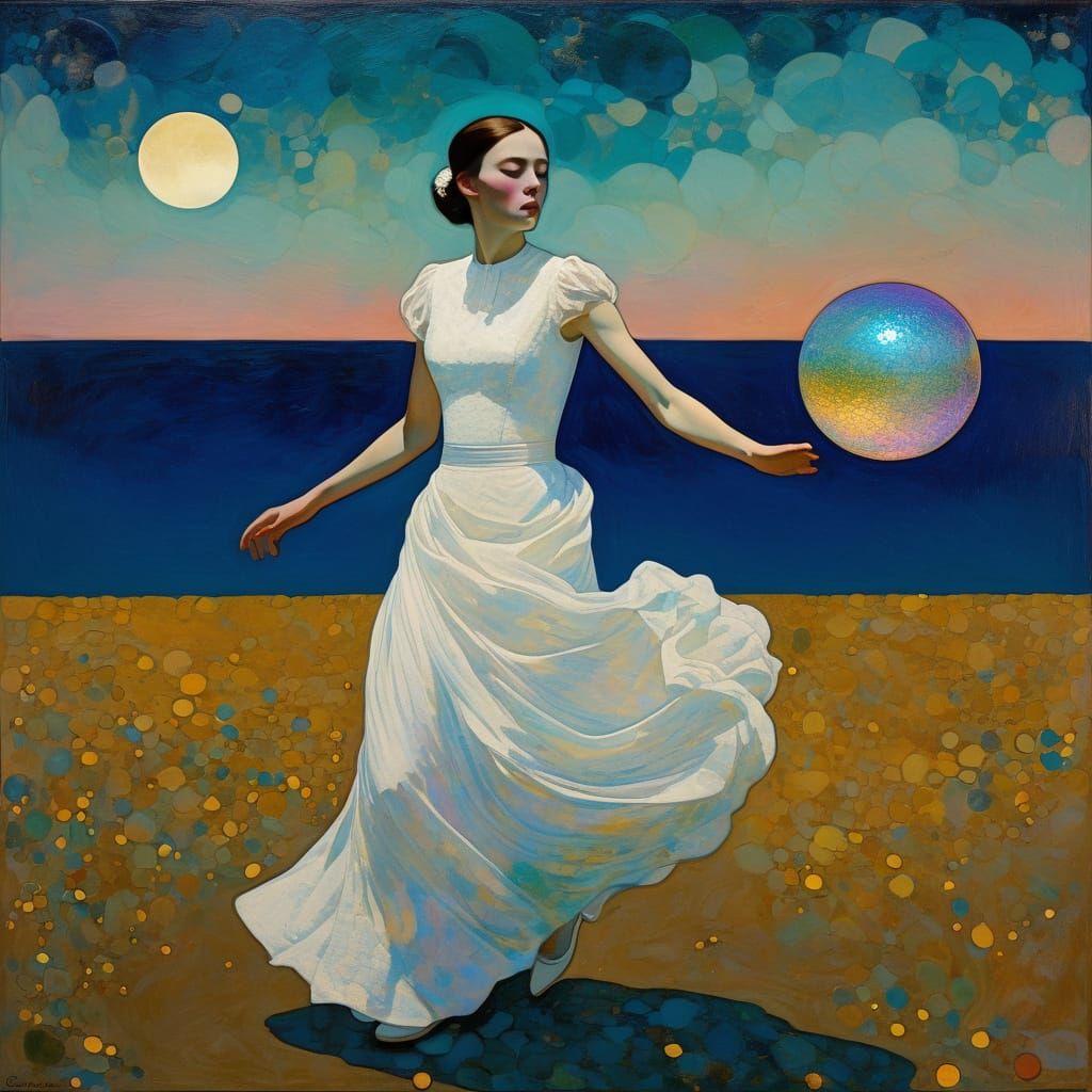 Surreal Minimalist Bride with Iridescent Ball on Moonscape