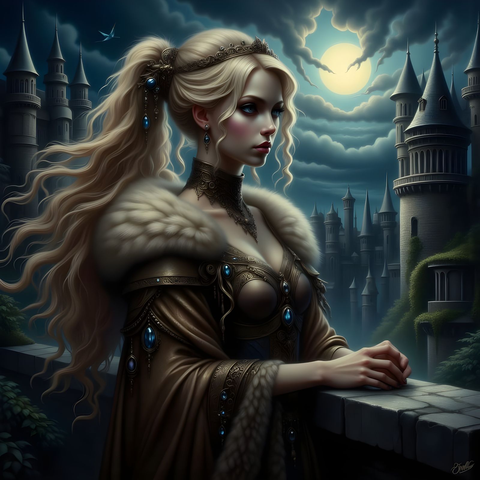 Gothic Norse Goddess in Haunting Castle Landscape